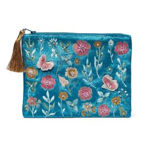 Etui fluweel blauw met bloemen en vlinders