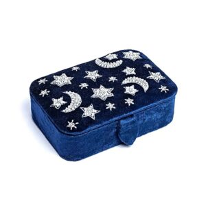 Sieraden / tarotdoos fluweel donkerblauw met maan en sterren