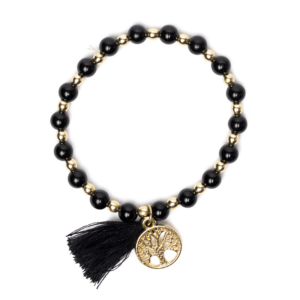 Armband zwarte toermalijn & hematiet met Levensboom en kwastje