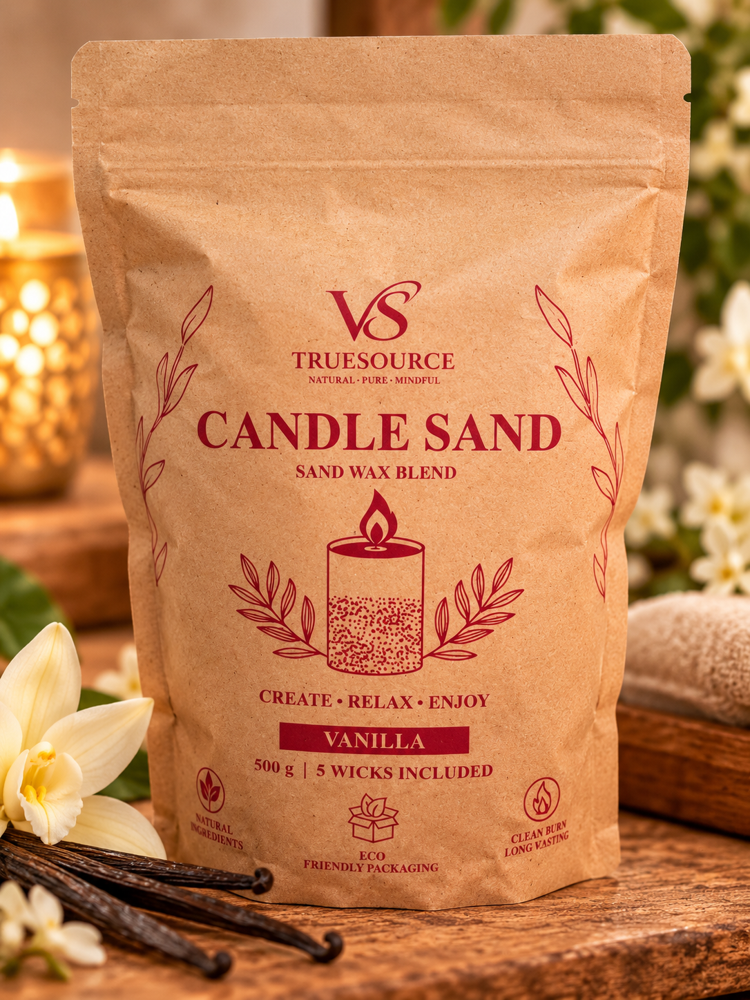 Vanille Candle Sand in warme sfeer